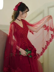 Charming Wine Red Tulle V-neckline with Lace Applique Formal Dress, Wine Red Tulle Evening Dress