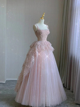 Pink Flowers Tulle with Lace Applique Straps Prom Dress, Pink Tulle Low Back Party Dress