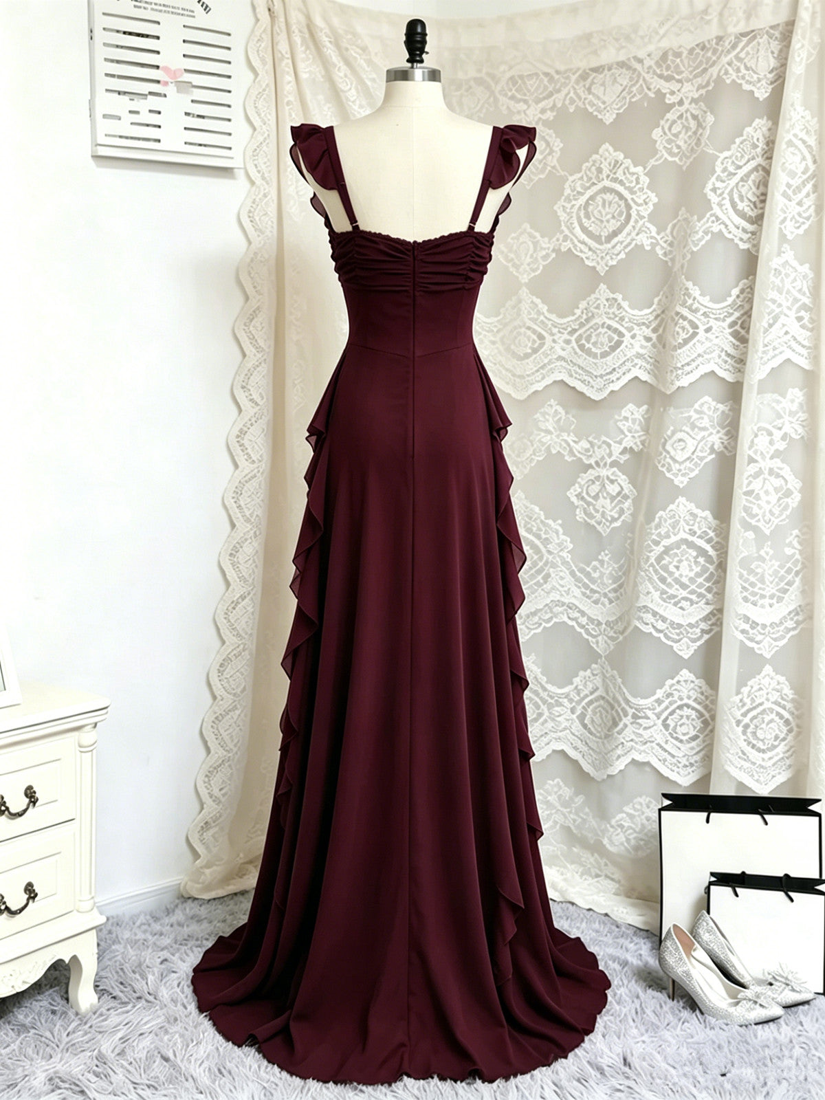 Elegant Chiffon Ruched Sweetheart Maxi Prom Dress, Cap Sleeves Tiered Long Evening Dress