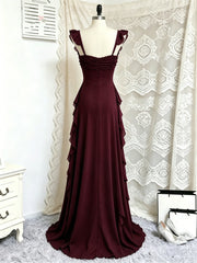 Elegant Chiffon Ruched Sweetheart Maxi Prom Dress, Cap Sleeves Tiered Long Evening Dress