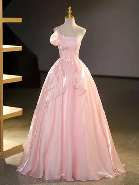 Pink Strapless Long Elegant Party Dress, Pink Satin Sweet 16 Dress Formal Dress