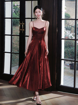 Wine Red Tea Length Straps Sweetheart Homecoming Dress, Wine Red Short Formal Dress