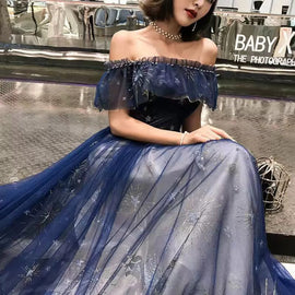 A-line Navy Blue Off Shoulder Beaded Party Dress, Navy Blue Tulle Long Prom Dress
