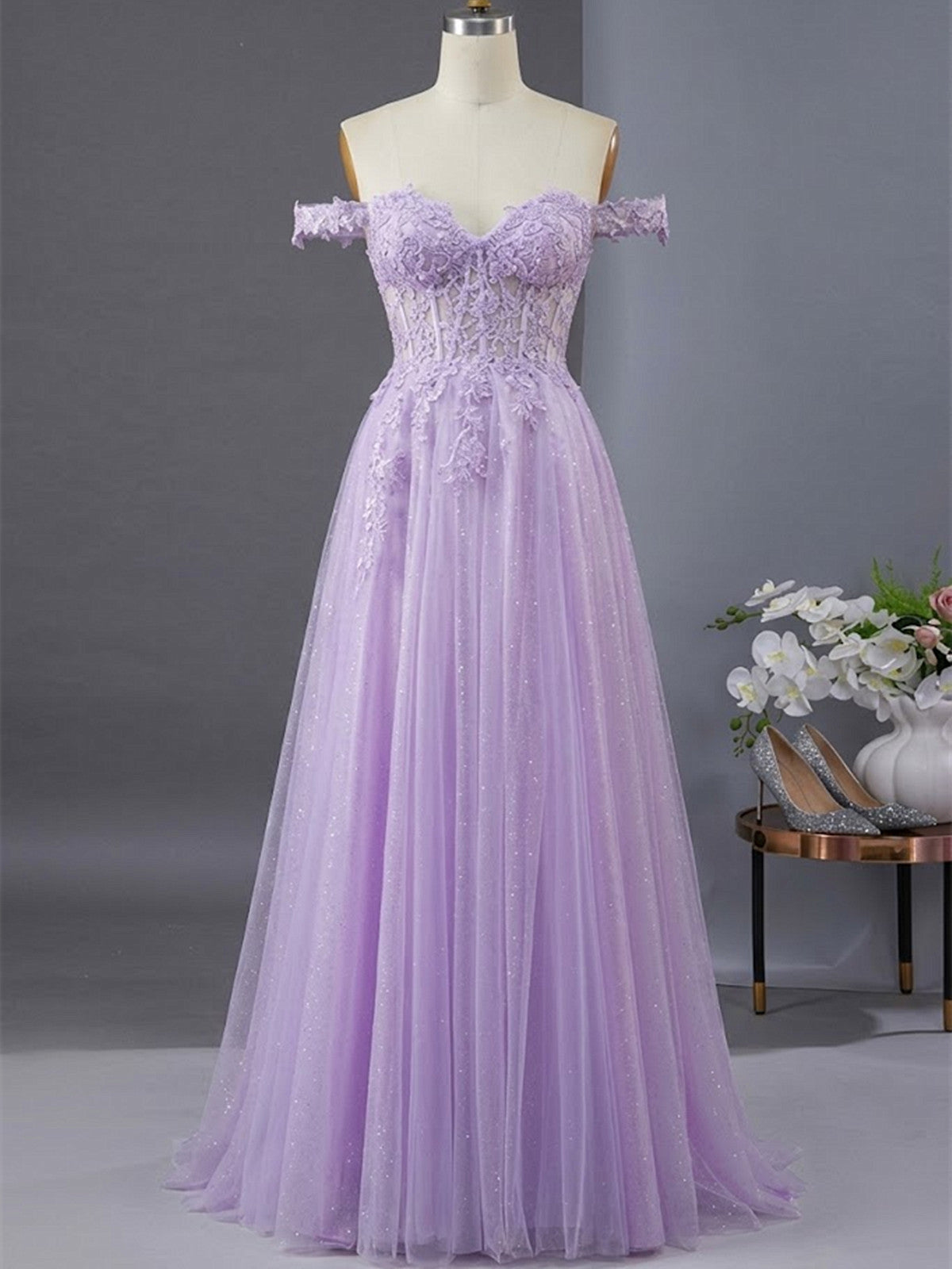 A-line Light Purple Lace Applique Long Prom Dress, Sweetheart Light Purple Evening Dress