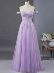 A-line Light Purple Lace Applique Long Prom Dress, Sweetheart Light Purple Evening Dress