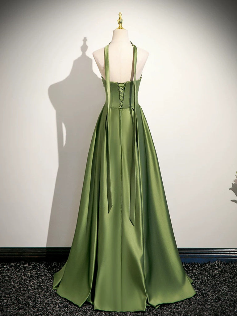 Green Satin Strapless Sweetheart A-line Prom Dress, Green Satin Long E