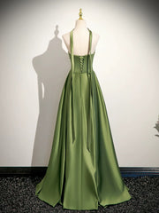 Green Satin Strapless Sweetheart A-line Prom Dress, Green Satin Long Evening Dress
