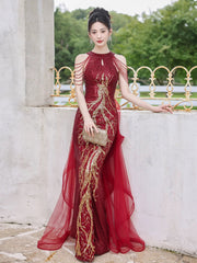 Wine Red Sequins Mermaid Long Party Dress with Lace, Wine Red Long Prom Dress Formal Dress