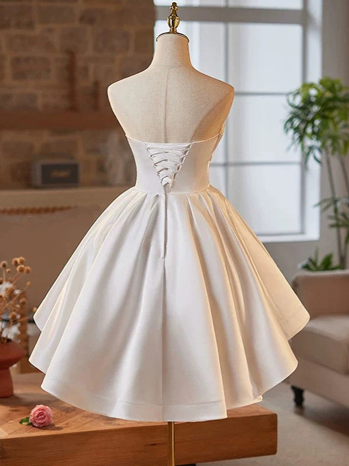 White Satin Scoop Knee Length Homecoming Dress, White Satin Short Part Cutedressy White Satin Scoop Knee Length Homecoming Dress, White Satin Short Part Cutedressy