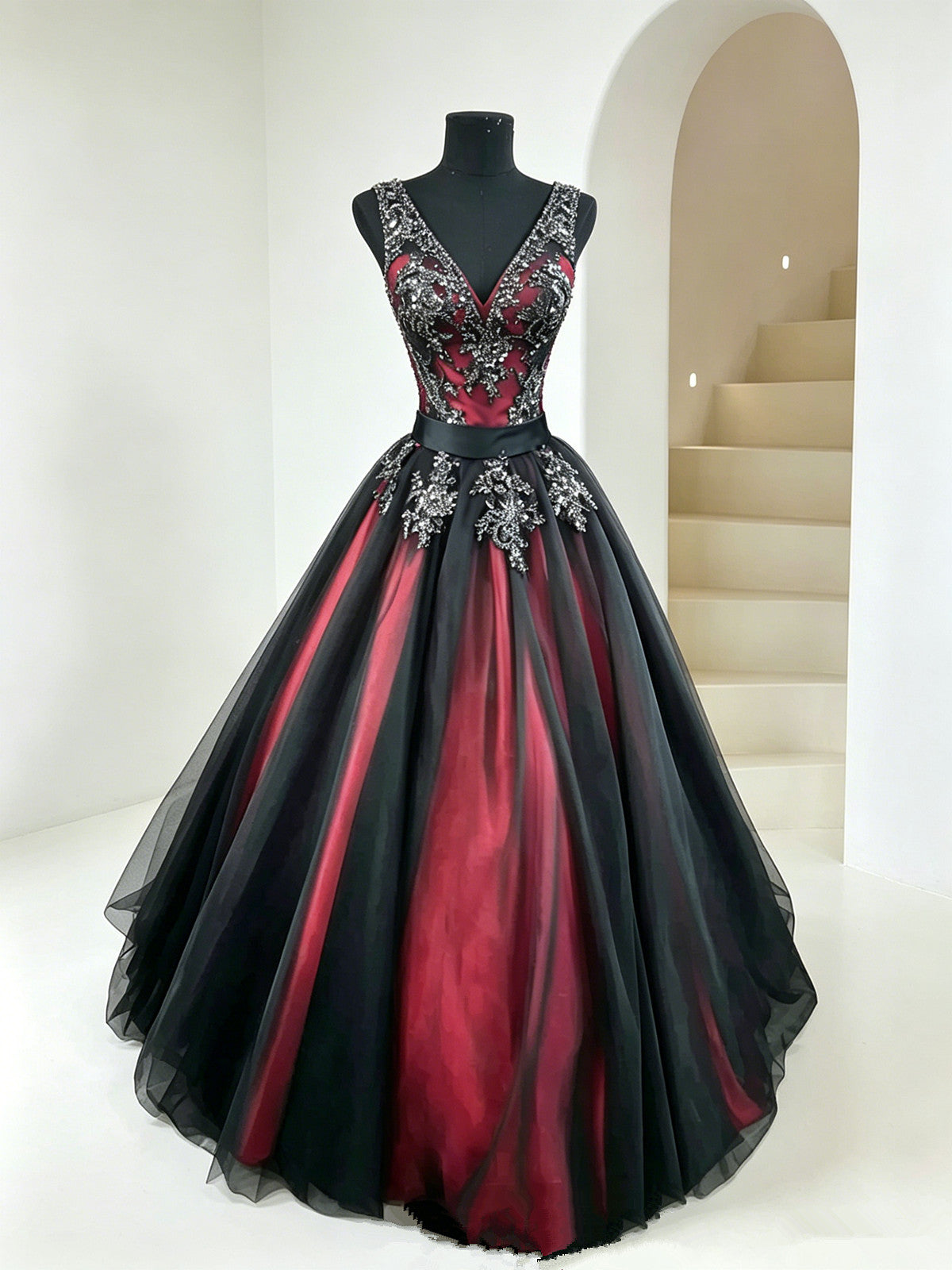 Gothic Black and Red V-neckline Tulle Prom Dress, Elegant Beaded Ball Gown Party Dress Sweet 16 Dress