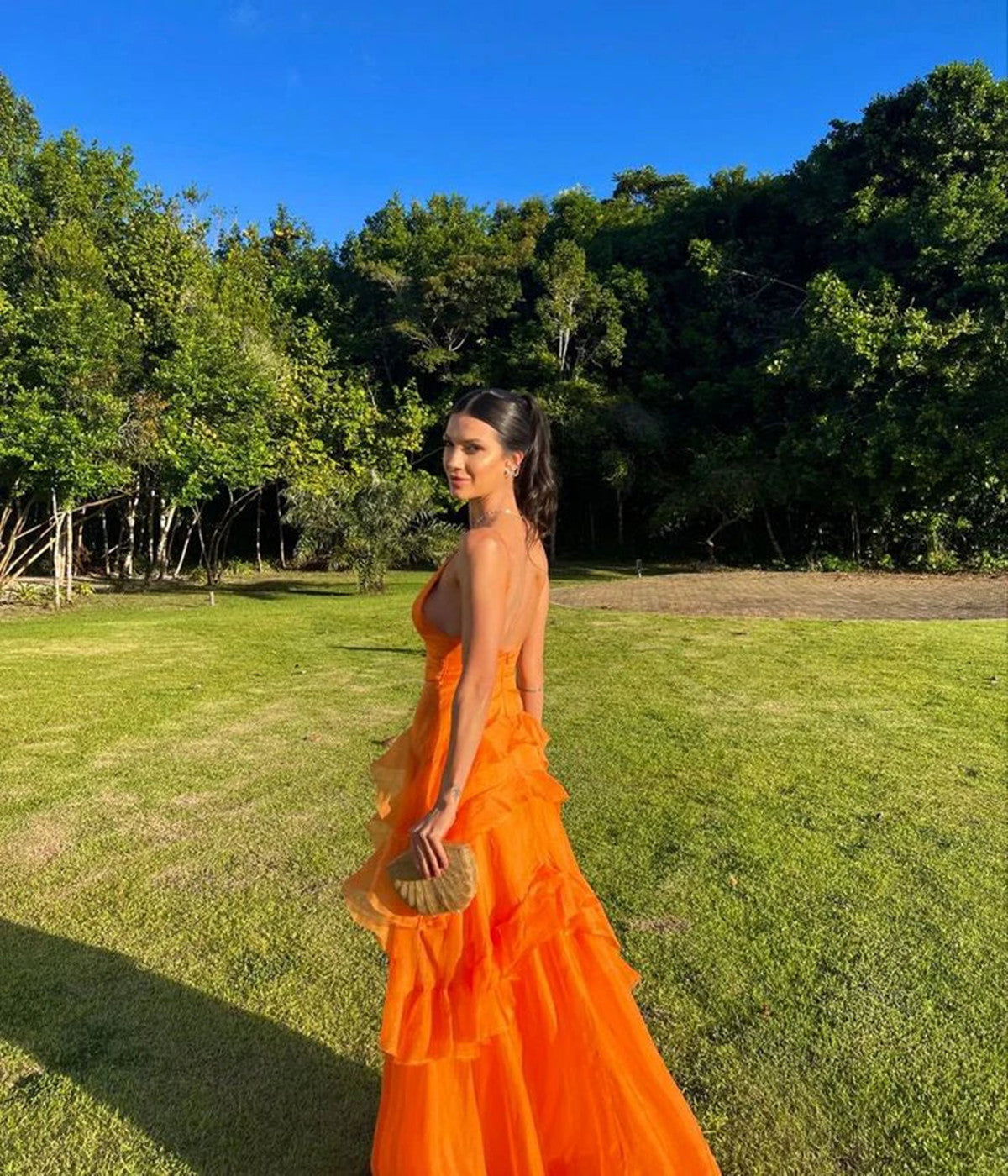 Elegant Orange V-Neck Tiered Layered Long Prom Dress, Backless A-line Evening Party Dress