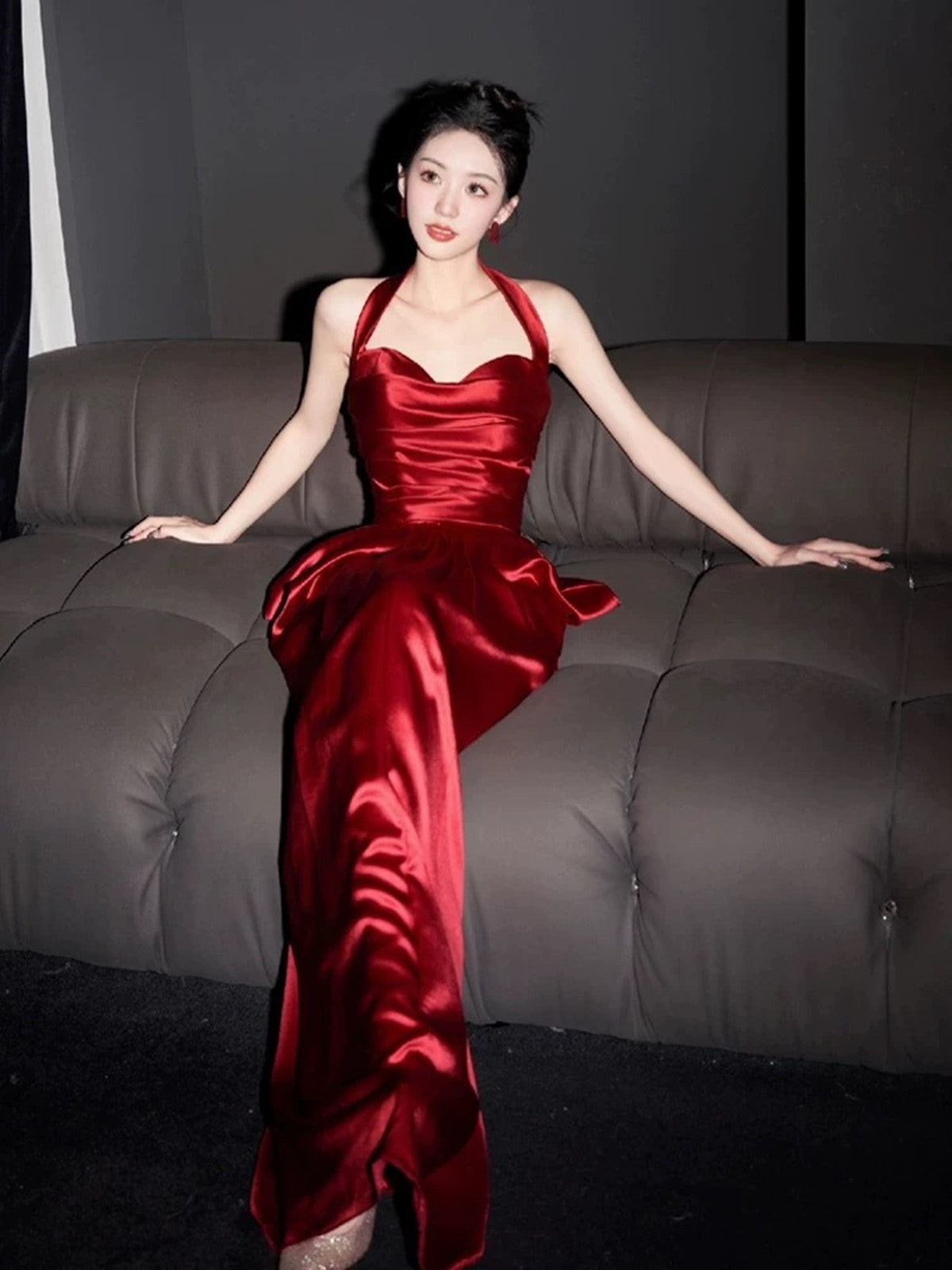 Wine Red Satin Halter Long Party Dress, Wine Red Satin Evening Dress Prom Dress