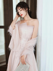 A-line Pink Satin and Tulle with Lace Formal Dress, Pink Strapless Evening Dress Prom Dress
