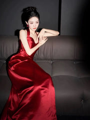 Wine Red Satin Halter Long Party Dress, Wine Red Satin Evening Dress Prom Dress
