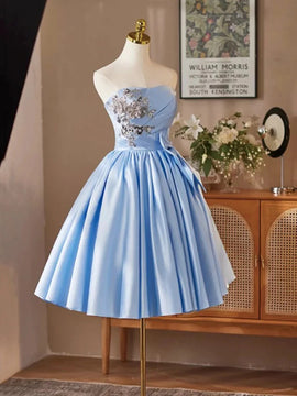 Blue Satin Sweetheart Knee Length Party Dress, Blue Satin Short Prom Dress