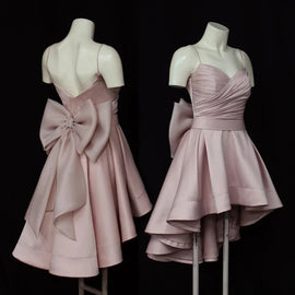 Pink Satin High Low Strapless Party Dress Homecoming Dress, Pink Party Dress with Bow