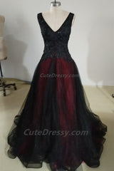 Black and Red V-neckline Beaded Long Evening Dress, Black and Red Tulle Prom Dress