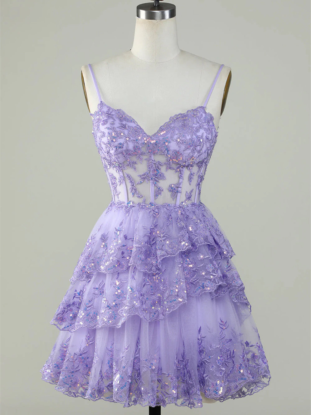 Light Purple Sparkly Tiered Tulle Homecoming Dress, Tulle Short Straps Party Dress