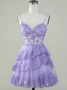 Light Purple Sparkly Tiered Tulle Homecoming Dress, Tulle Short Straps Party Dress