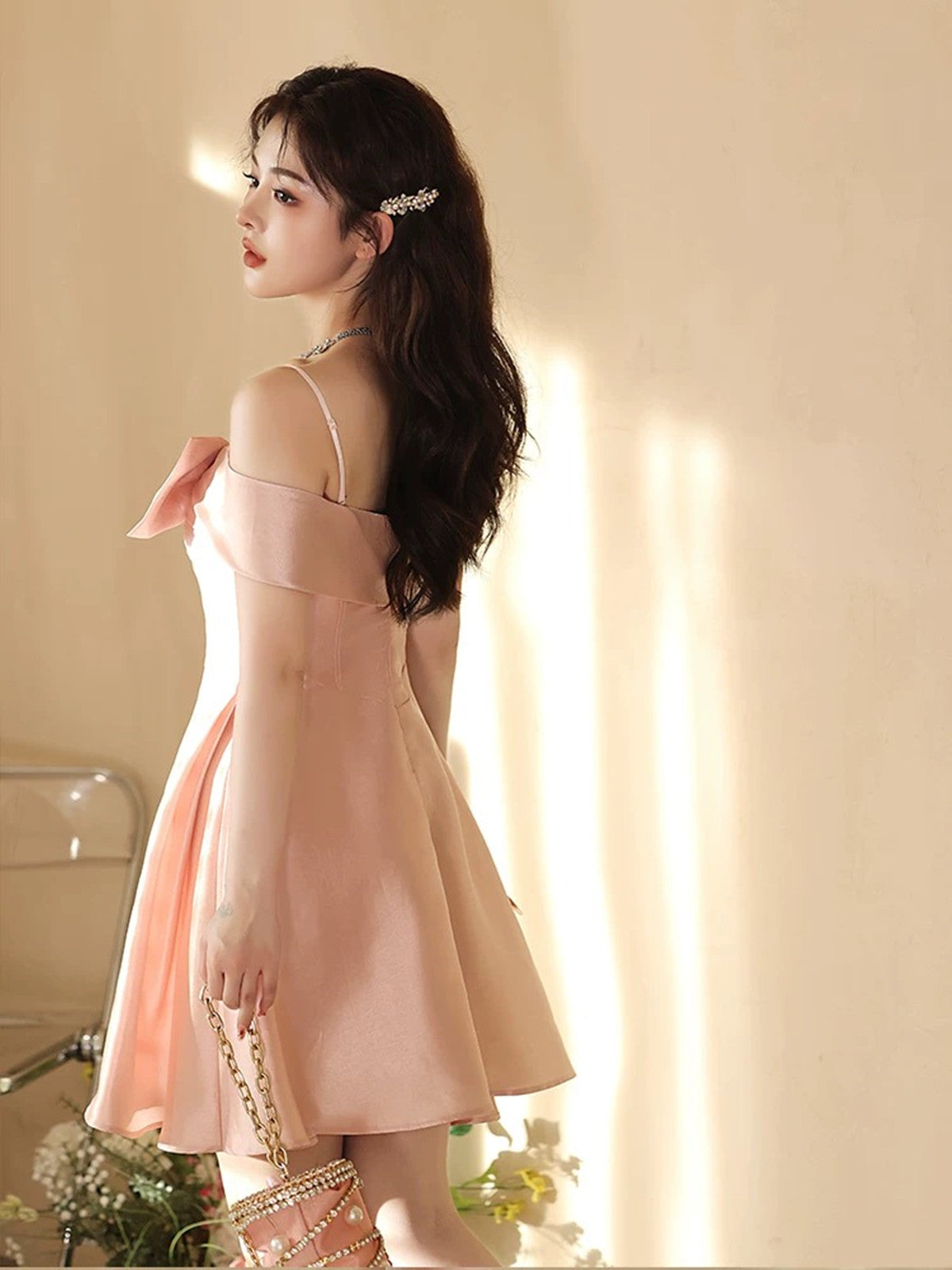 Pink Satin Sweetheart Straps with Bow Homecoming Dress, Pink Knee Length Satin Prom Dress