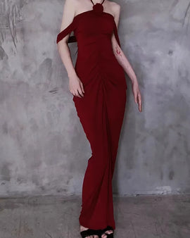 Charming Wine Red Halter Off Shoulder Party Dress, Wine Red Floor Length Long Prom Dress