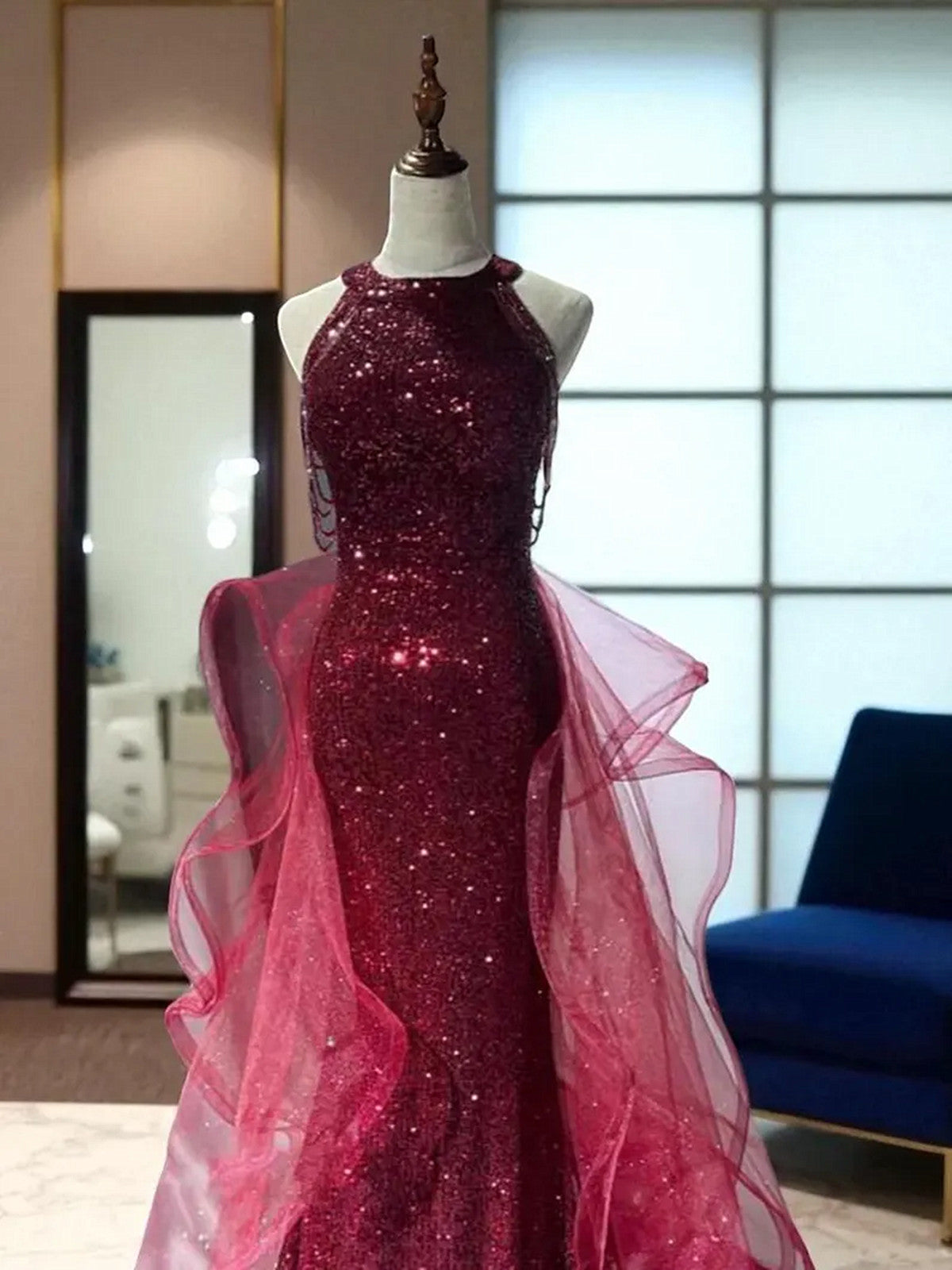 Wine Red Tulle and Sequins Halter Long Party Dress, Wine Red Prom Dres – Cutedressy Wine Red Tulle and Sequins Halter Long Party Dress, Wine Red Prom Dres – Cutedressy