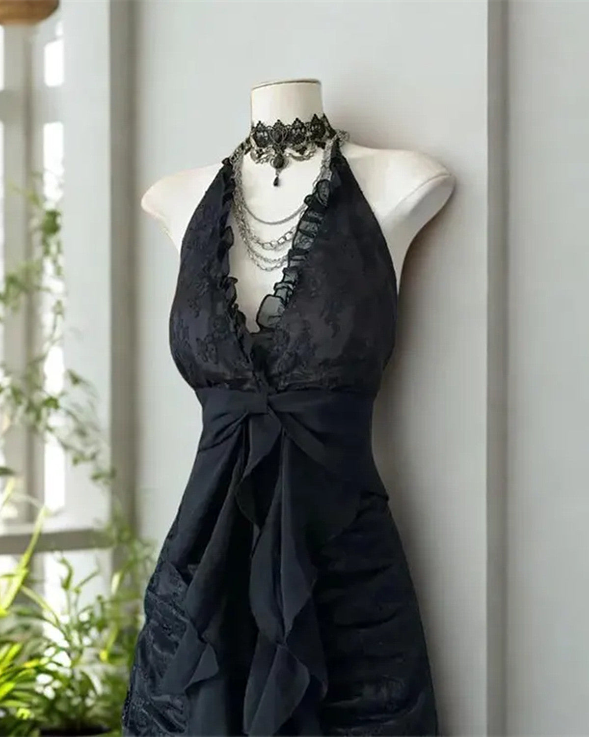 Lace Halter Black V-neckline Floor Length Party Dress, Black Lace A-li Cutedressy Lace Halter Black V-neckline Floor Length Party Dress, Black Lace A-li Cutedressy