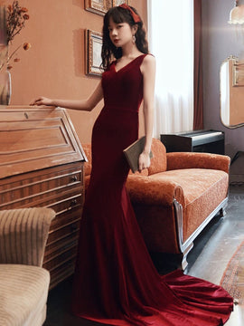 Wine Red Velvet Mermaid V-neckline Party Dress, Wine Red Long Prom Dress