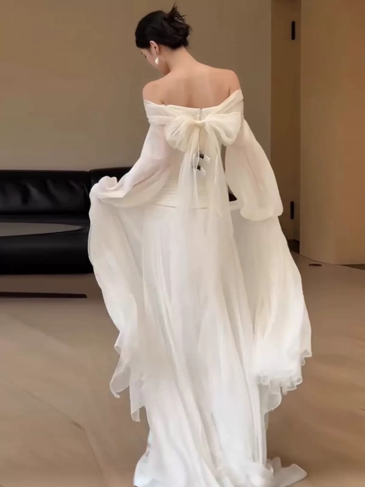 White Chiffon Off Shoulder Long Sleeves Party Dress, White Chiffon Wed Cutedressy White Chiffon Off Shoulder Long Sleeves Party Dress, White Chiffon Wed Cutedressy