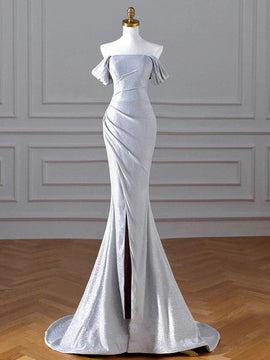 Charming Sliver Mermaid Party Dress, Sliver Off Shoulder Long Prom Dress with Leg Slit