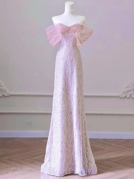 Pink A-line Sequins Tulle Floor Length Party Dress, Pink Beaded Off Shoulder Formal Dress