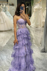 A-line Light Purple Sweetheart Tulle Evening Dress with Lace Applique, Long Prom Dress