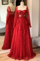 Dark Red Tulle with Lace Long Sleeves Party Dress, A-line Dark Red Prom Dress