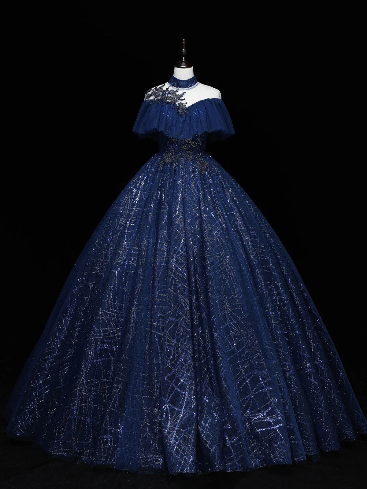 Navy Blue High Neckline Ball Gown Tulle Party Dress, Shiny Tulle With Lace Prom Dress