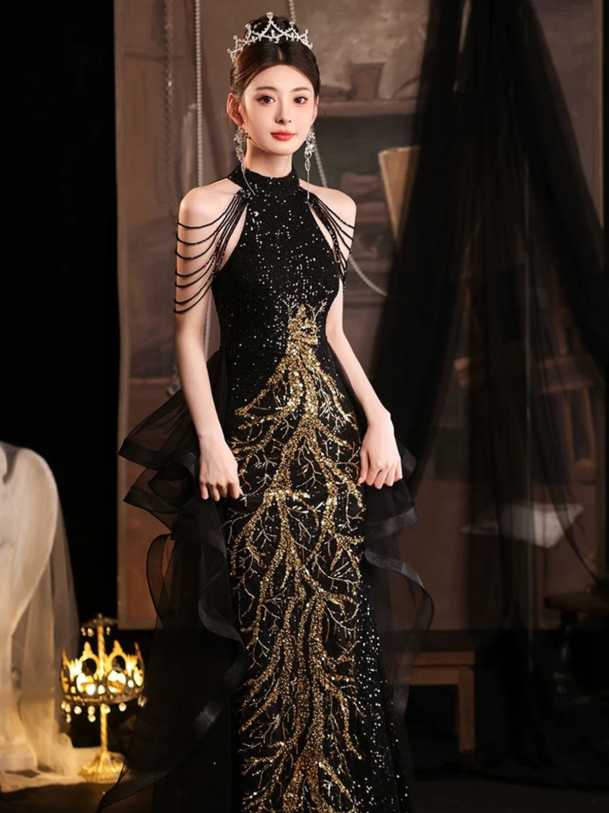 Chic Black Sequins Halter Party Dress with Lace Applique, Black Long P Cutedressy Chic Black Sequins Halter Party Dress with Lace Applique, Black Long P Cutedressy