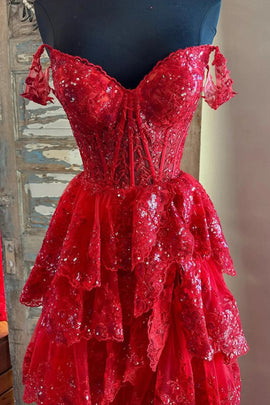 Red Sweetheart Tulle Off Shoulder Layers Long Party Dress, A-line Red Tulle Prom Dress