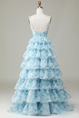Lovely Light Blue Layers Long Straps Floor Length Party Dress, Light Blue Prom Dress