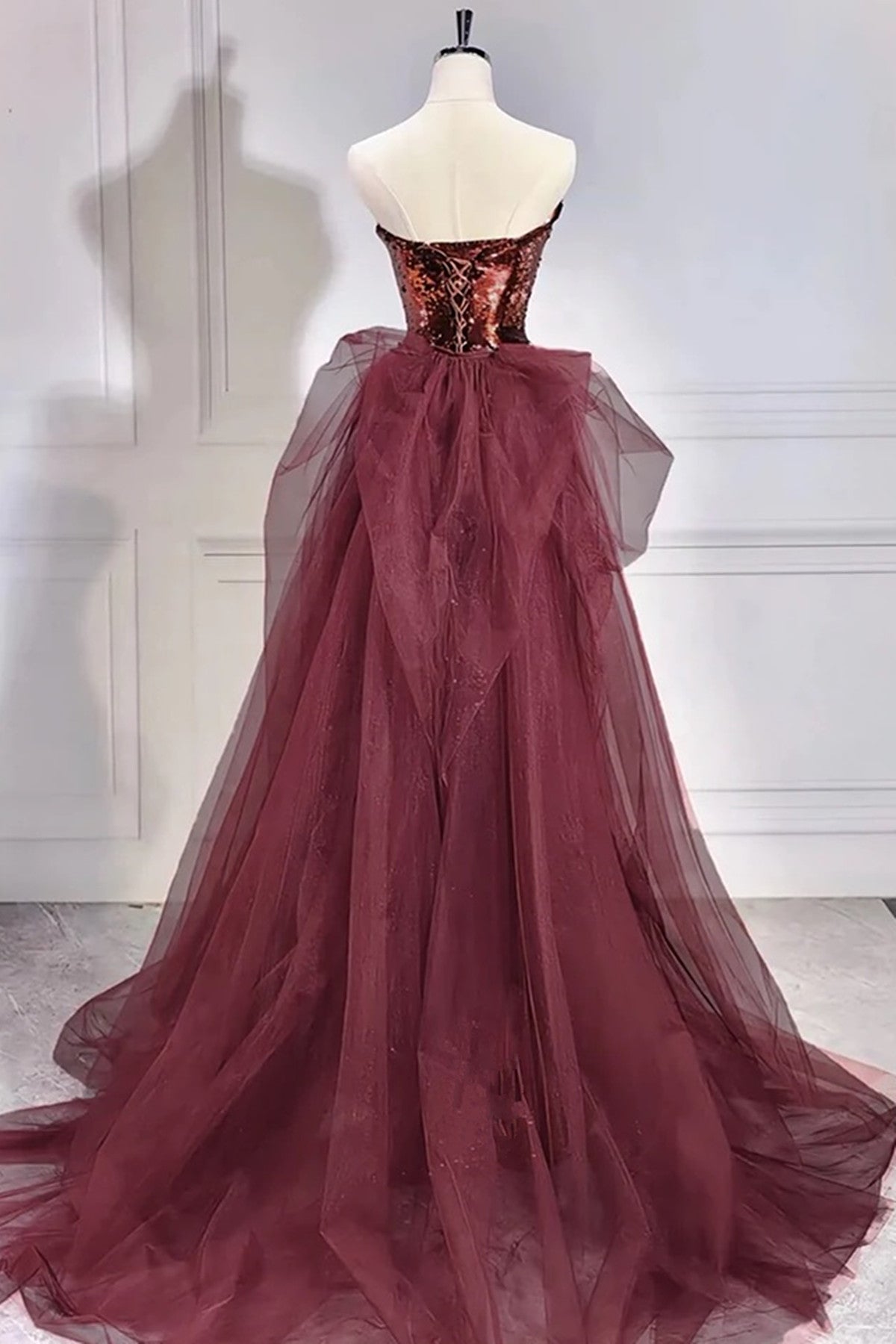 Wine Red Sequins Long Party Dress with Tulle, Wine Red Long Formal Dress Prom Dress
