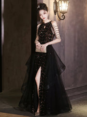 A-line Sequins and Tulle Long Party Dress, Black Chic Beaded Floor Length Prom Dress