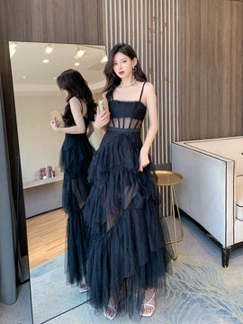 Black Straps Layers Straps Tulle Long Party Dress, A-line Black Tulle Prom Dress