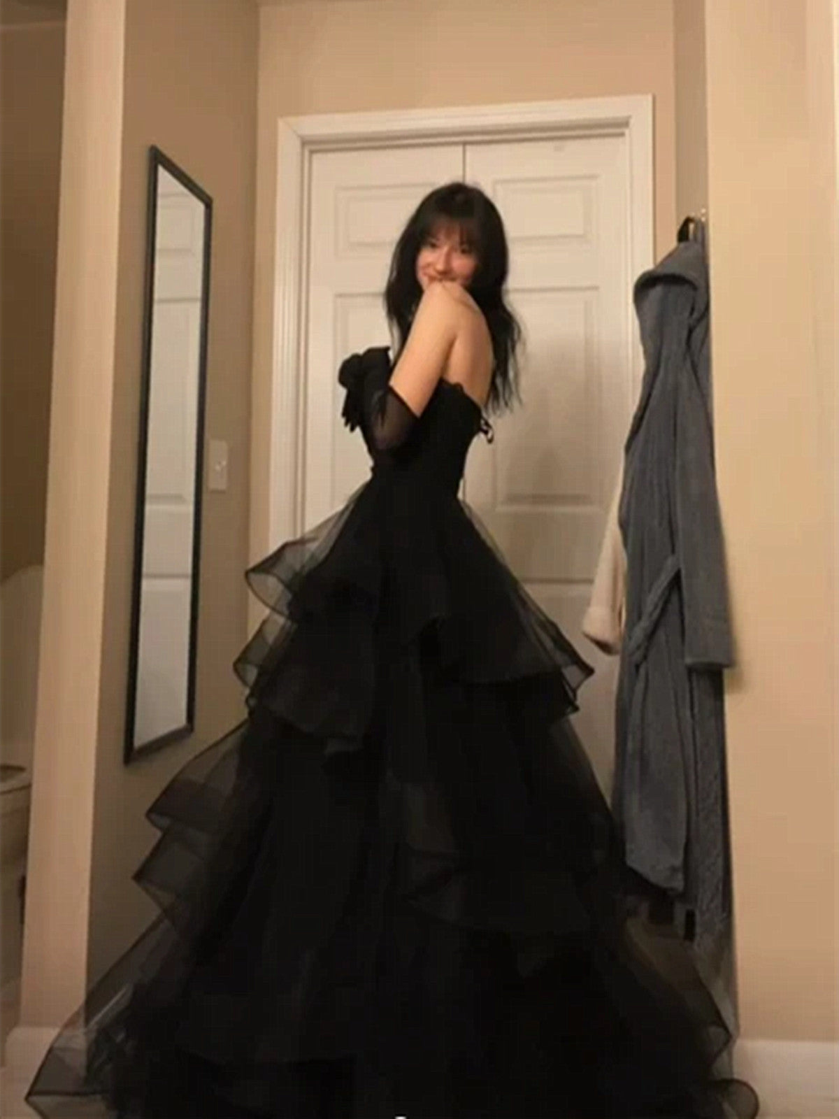 A-line Layers Tulle Back Sweetheart Party Dress, Black Tulle Long Prom Dress Evening Dress
