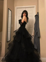 A-line Layers Tulle Back Sweetheart Party Dress, Black Tulle Long Prom Dress Evening Dress
