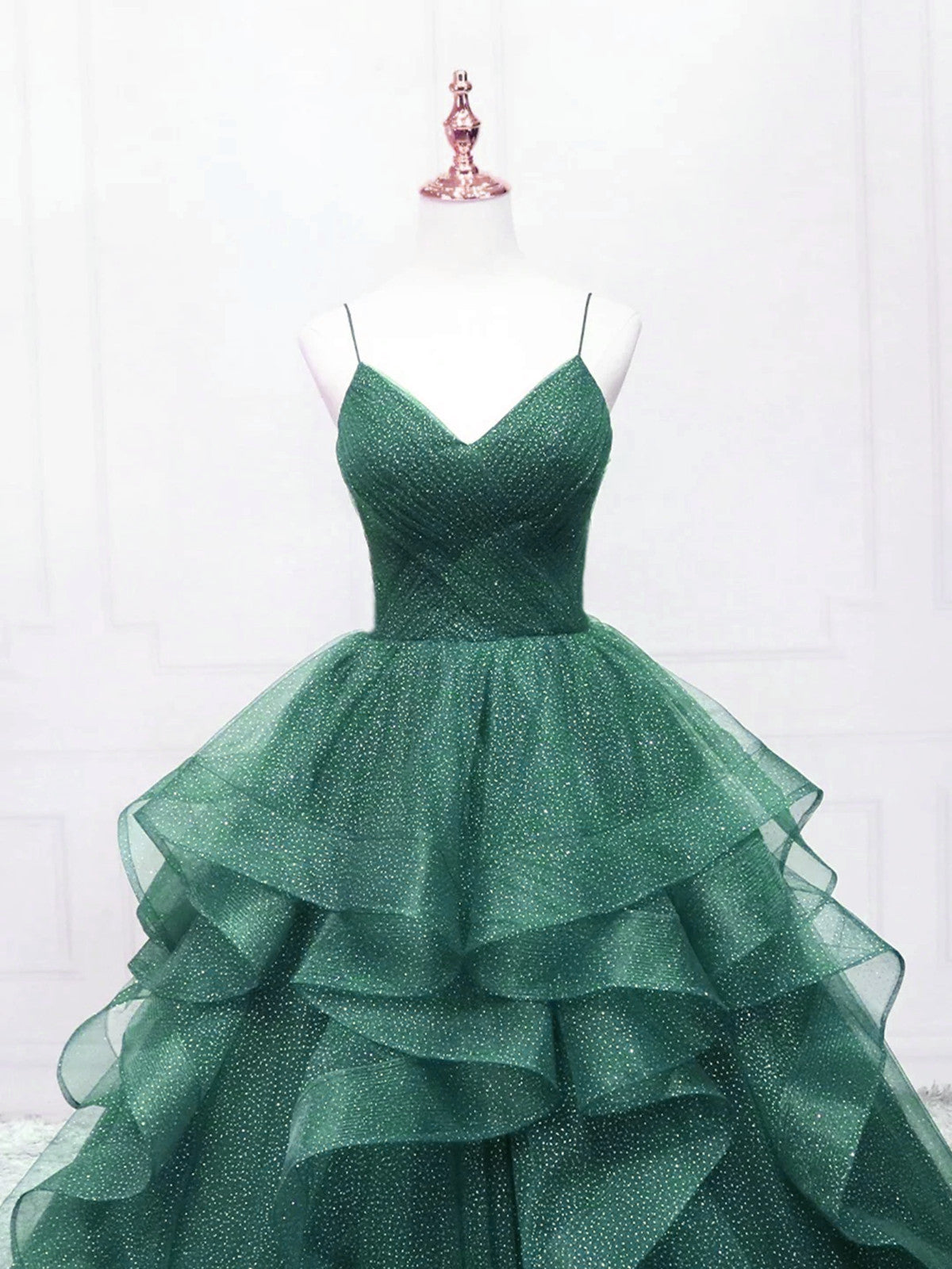 Dark Green Tulle Layers Straps V-neckline Prom Dress, Dark Green Tulle Evening Dress