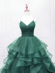 Dark Green Tulle Layers Straps V-neckline Prom Dress, Dark Green Tulle Evening Dress
