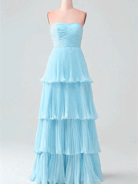 Light Blue Chiffon Strapless Layers Prom Dress, Light Blue Chiffon Long Party Dress