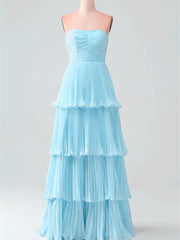 Light Blue Chiffon Strapless Layers Prom Dress, Light Blue Chiffon Long Party Dress