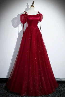 Wine Red Tulle and Sequins A-line Party Dress, Wine Red Tulle Prom Dress