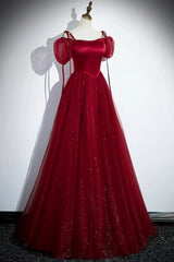 Wine Red Tulle and Sequins A-line Party Dress, Wine Red Tulle Prom Dress