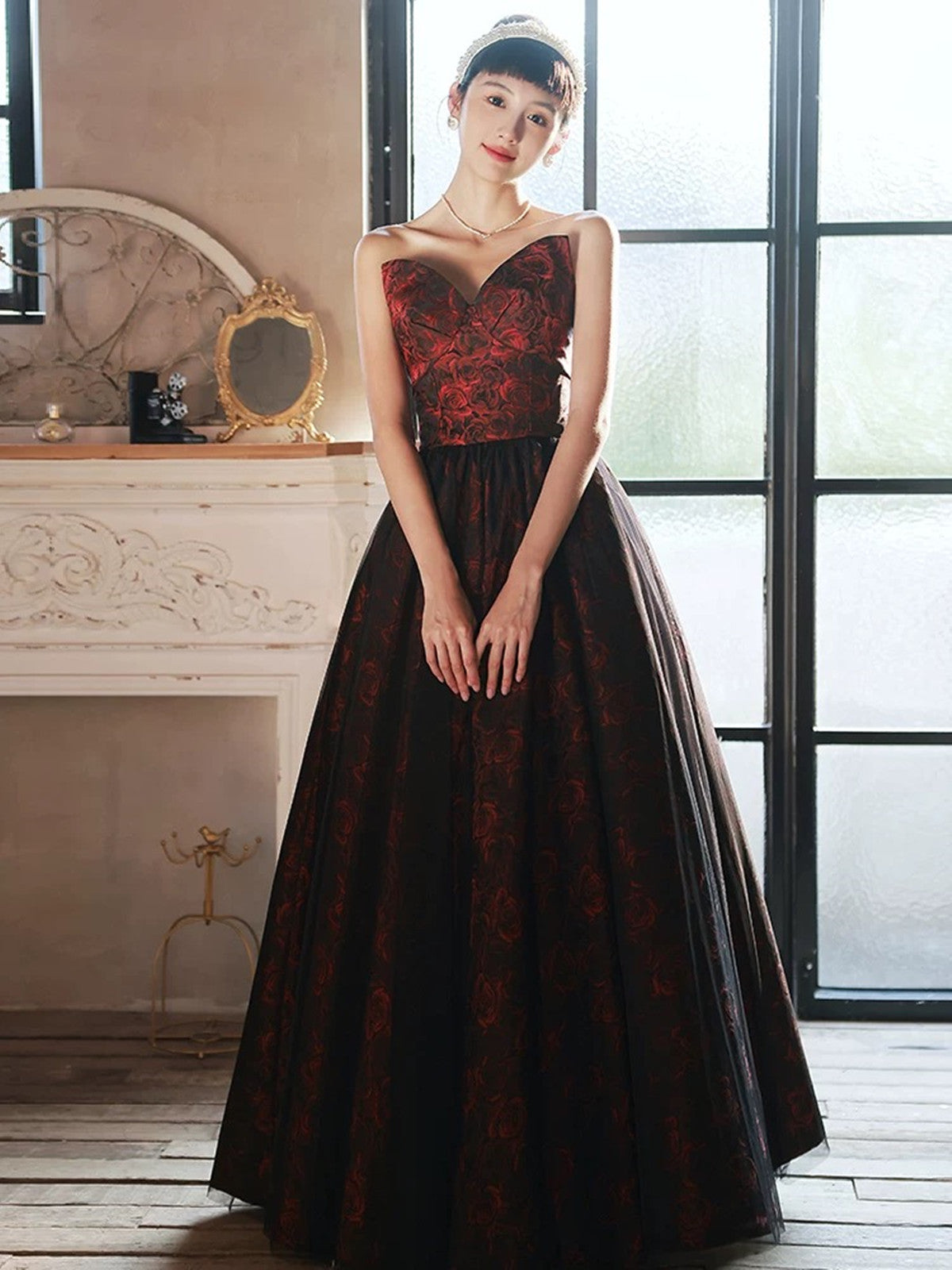 Floral A-line Satin Black and Red Party Dress, Strapless Long Prom Dre – Cutedressy