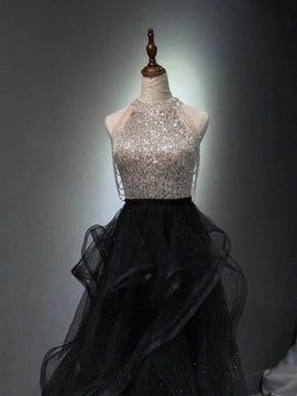 Black Halter Tulle Beaded and Sequins A-line Party Dress, Black Tulle Prom Dress Evening Dress